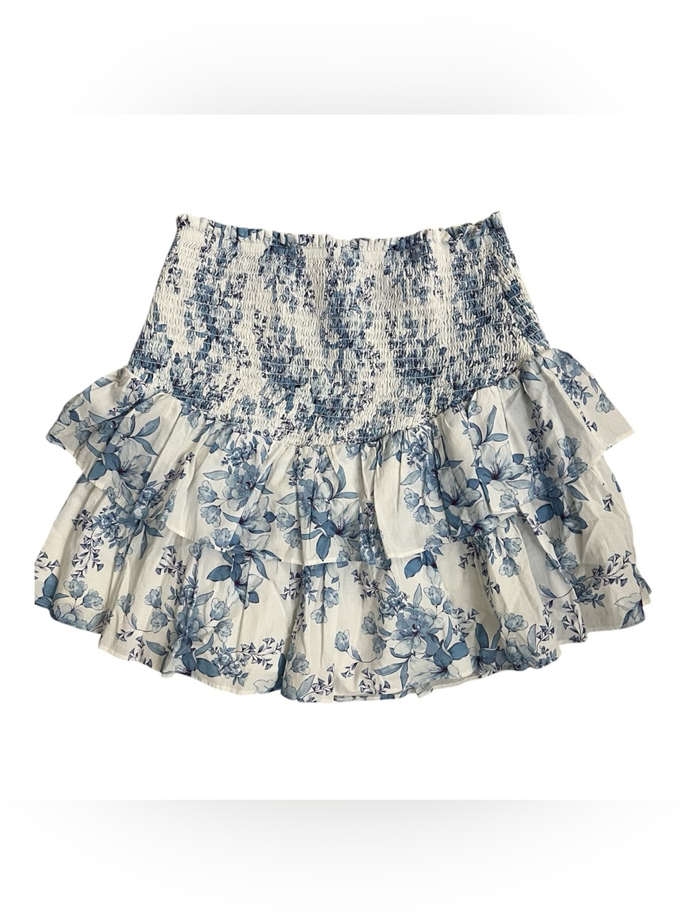 INTERMIX Blue and White Floral Ruffled Smocked Mini Skirt Small $35